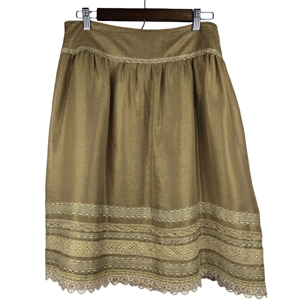 Vintage Cynthia Steffe Skirt Women 10 Gold Silk Metallic Lace Trim Luxury